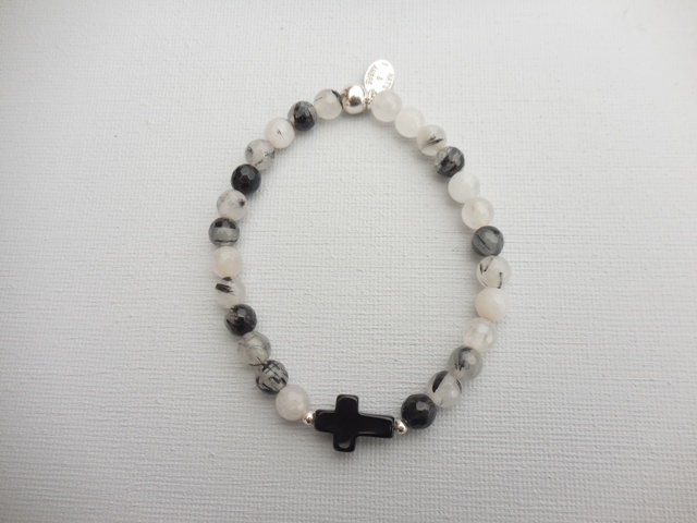 Bracelet quartz inclusions tourmaline noire croix