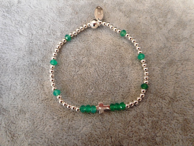 Bracelet Onyx vert perles argent 925 croix